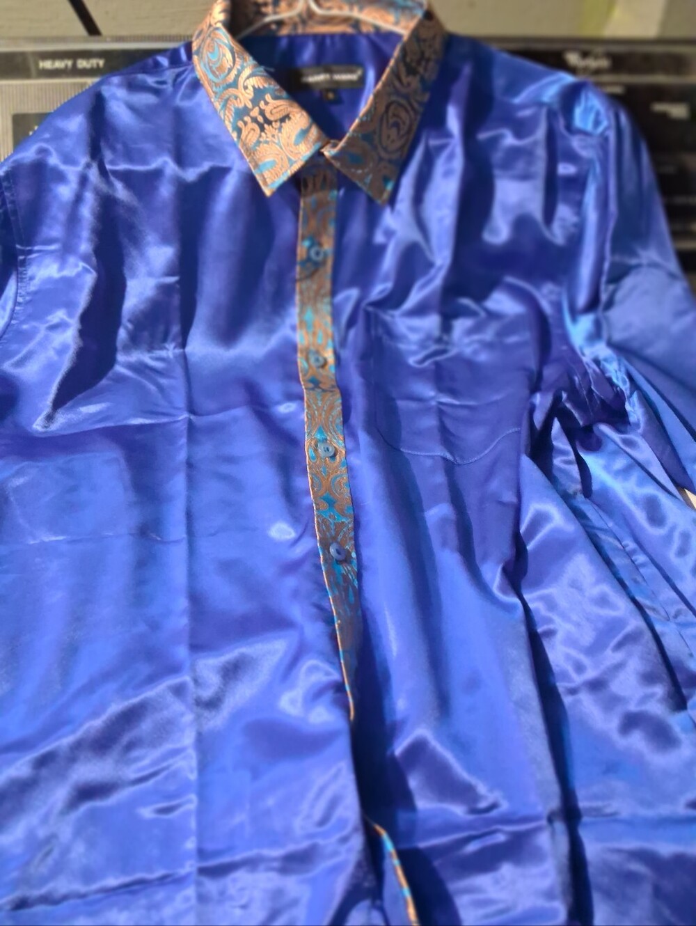 Men's Barry Wang Silk Blue Shirt With Gold Contrase New With Tags Xl